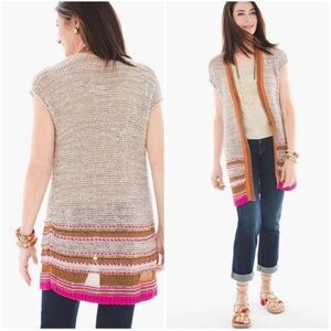 Chico's Color Pop Pattern Cardigan Sweater Tan Pink Metallic Size 1 NWT